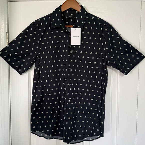 🖤 Theory Men’s Black Polka Dot Short Sleeve Shirt NWT Size S 🖤 - Picture 1 of 11